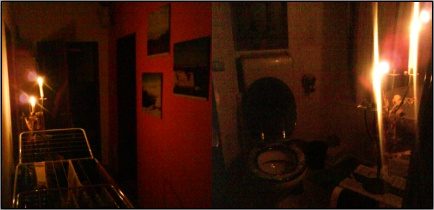 Flur und Bad im Kerzengeflimmer -  und ja, es ist eine Hawaiibrille